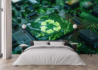 Green technology merges with computer chips, showcasing innovation through recycle signs on circuit boards, promoting environmental consciousness in CSR and IT ethics Wall mural