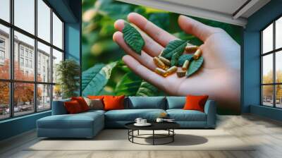 Herbal medicine in hand, with pills and green leaves showing alternative health benefits. Natural capsules, vitamins, and supplements for medical care and treatment.  Wall mural