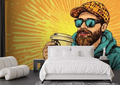 Hipster with coffee and croissant. Pop art retro vector illustration  Wall mural