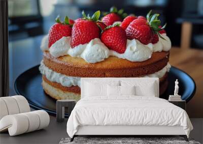 Homemade cake topped with fresh strawberries and whipped cream.  Wall mural