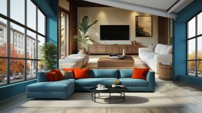 Interior of a wooden living room with a corner sofa, an art-decorated sideboard, and a television screen facing sideways. An aerial view of the tropical regions. rendering in three dimensions Wall mural