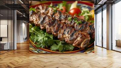 Lamb kebab with ribs served on a colorful platter with greenery Wall mural