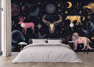 Mystical animal and witchcraft collection with stars, crystals, and constellations.  Wall mural