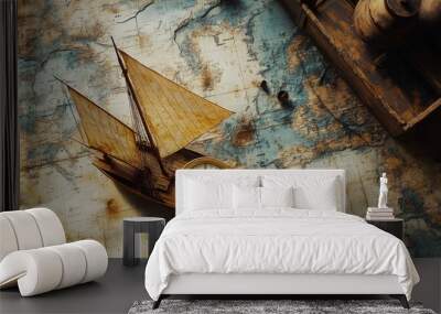 Old sailboat and compass overlay on a weathered map, evoking sea voyages and exploration. Wall mural