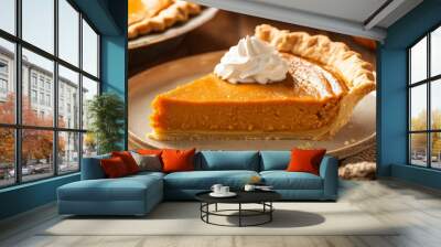 On the wooden table, there is freshly made pumpkin pie. Wall mural