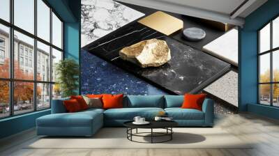 Panels and tiles are two examples of interior material types. interior moodboard featuring blue laminated hardwood flooring tiles, quartz, terrazzo, and a black marble table topped with gold stainless Wall mural