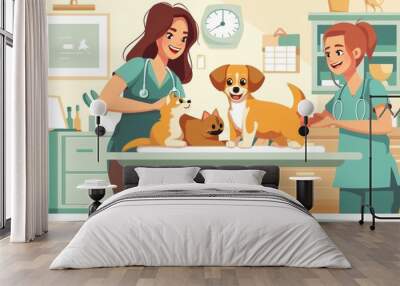 Pets cared for at vet clinic: woman strokes dog; vet vaccinates puppy, kitten; sick dog rests in hospital bed Wall mural