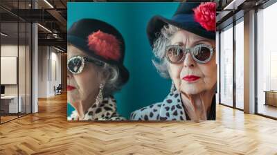 Portraits of a stylish grandmother dressed elegantly for a special event, showing off her quirky fashion. Wall mural