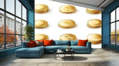 Realistic 3D golden coins in various views. Blank yellow brass or gold, symbolizing payment, investment, and finance. Isolated vector set with glossy rotating currency animation. Wall mural