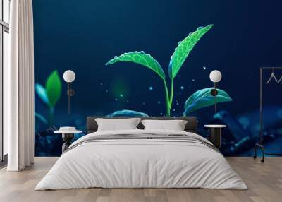 Render a 3D digital illustration of a sprout with a growth graph and up arrow. Use soft, rounded forms, photorealism, and dynamic action sequences with black, blue, light blue, and green on a dark blu Wall mural