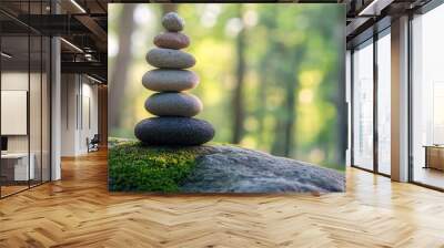 Rock Zen Stack in Balance. Zen stone stack against a backdrop of the outdoors. A stone covered in moss has stones stacked atop one another. Wall mural