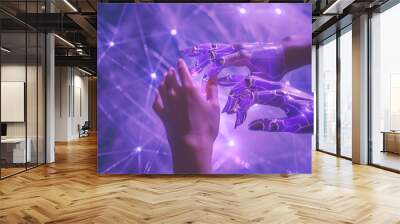 Science, AI, machine learning, robot and human hands touching on big data network, AI technology, innovation for futuristic, in purple tone Wall mural