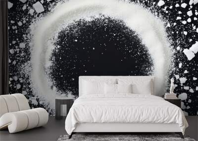 Sugar powder in a round frame with a backdrop of white flour and isolated salt particles on a black background. Illustration in vector format that feels realistic Wall mural