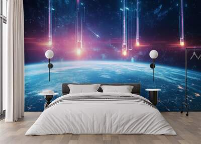 Tech futuristic background with satellites, rockets, and glowing rays over Earth.  Wall mural