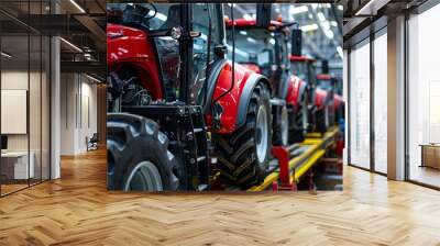 Tractor Manufacture work. Assembly line inside the agricultural machinery factory. Installation of parts on the tractor body - Image Wall mural