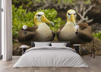 Two Galapagos Albatrosses, also known as Waved Albatrosses, are nesting on Espanola Island in the Ecuadorian archipelago. The Galapagos Islands is home to the critically endangered Waved Albatross spe Wall mural