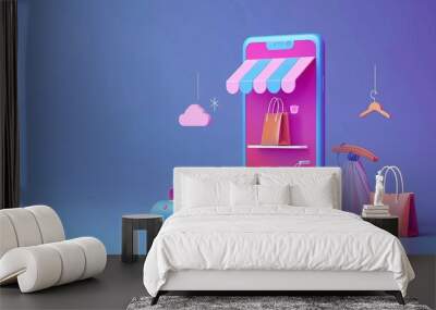 Vector concept of shopping online via mobile app and website. Wall mural