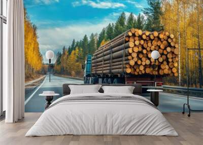 View from the back of a long, heavy, industrial wood carrier cargo vessel truck trailer with large pine, spruce, and cedar trees traveling on a highway against a background of blue sky. Export and shi Wall mural