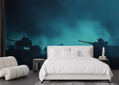 War concept with military silhouettes battling in foggy skies, armored vehicles and tanks in combat at night.  Wall mural