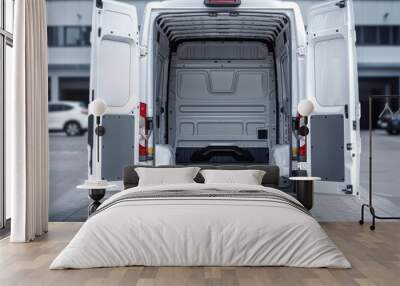 White van's rear doors reveal an empty truck inside. Wall mural