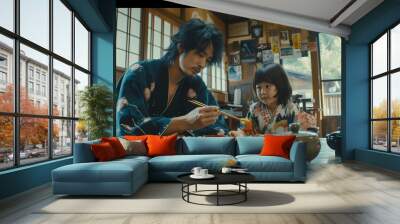 Food, home and Japanese parents and child at table for lunch, breakfast and eating meal together. Wall mural