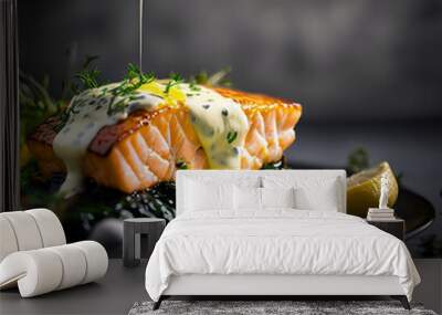 photorealistic close-up of gourmet dish, salmon with hollandaise sauce - generative ai Wall mural