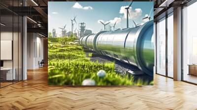  A hydrogen pipeline with wind turbines and in the background. Green hydrogen production concept Wall mural