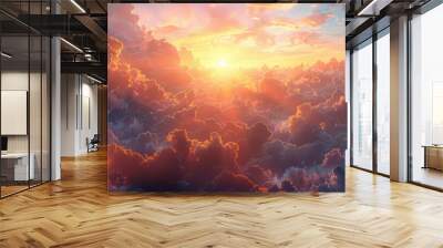  clouds orange beam of light shines down , cloud and sun,  background of heaven, where a bright ray of light breaks through the clouds, banner Wall mural