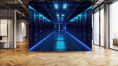  Data Center With Multiple Rows of Fully Operational Server Racks. Modern Telecommunications, Artificial Intelligence, Supercomputer Technology Concept.  Wall mural