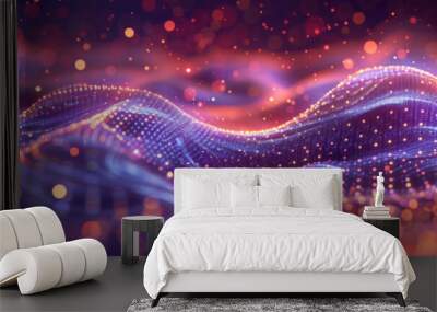 3D render abstract futuristic background with waves   purple and blue glowing particles and dots, Wavy pattern of metallic mesh texture. geometry shapes data connetion tranfer.banner Wall mural