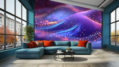 3D render abstract futuristic background with waves   purple and blue glowing particles and dots, Wavy pattern of metallic mesh texture. geometry shapes data connetion tranfer.banner Wall mural