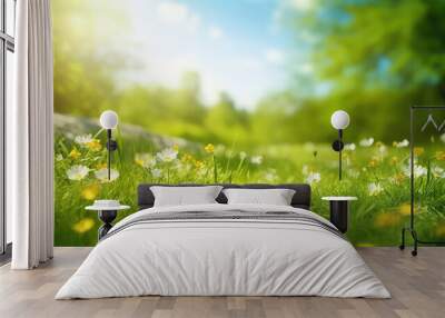 A beautiful spring summer meadow. Natural colorful panoramic landscape with many wild flowers of daisies against blue sky. A frame with soft selective focus. Wall mural