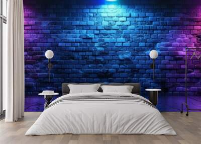 A brick wall with purple and blue neon lights shining on it, for product display. empty dark scene laser beams neon spotlights reflection on the floor in studio room	
 Wall mural