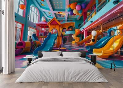 A colorful indoor playground for children with slides, play equipment and toys in school building  Wall mural