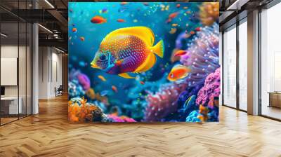 A colorful tropical fish swimming in the ocean, surrounded by coral reefs and marine life..colorful tropical fish in a coral reef on blue sea background, Wall mural