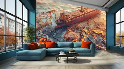 a container ship on top of a map, transportation export import Wall mural