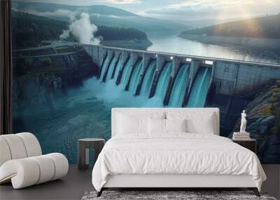 a dam with water coming out of it, Renewable energy sources: hydroelectric power plants,  Wall mural