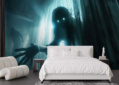 A ghost woman in house, with glowing eyes and long hair, standing behind white curtains in the dark bedroom at night, Wall mural