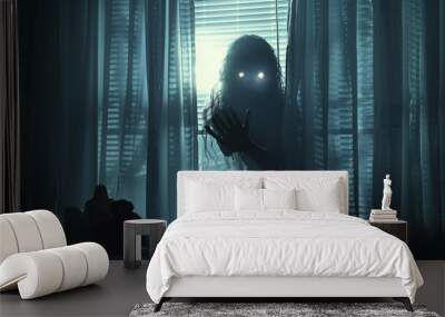 A ghost woman in house, with glowing eyes and long hair, standing behind white curtains in the dark bedroom at night, Wall mural