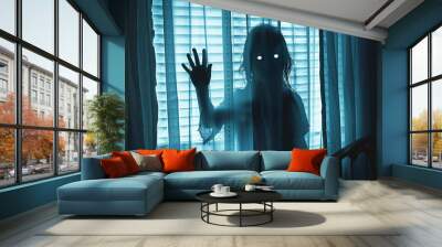 A ghost woman in house, with glowing eyes and long hair, standing behind white curtains in the dark bedroom at night, Wall mural