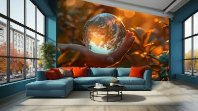 A hand holding an earthshaped glass ball on blurred forest background Wall mural