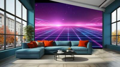 A retro synthwave background with neon grid lines and purple, blue and pink light rays. '80s aesthetic with glowing geometric patterns and grid structures. Retro Sci-Fi Background Futuristic Grid Wall mural