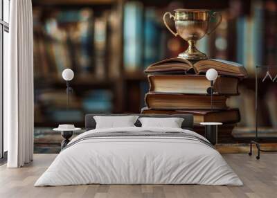 A stack of books with an open book on top and a golden trophy cup, representing education or winning first place in a competition Wall mural