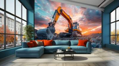 A yellow excavator is driving on the rocky ground, with sunset clouds in the sky and mountains background	
 Wall mural