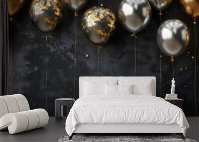 black and gold balloons on black  background, for birthday or party decoration. copy space. banner Wall mural