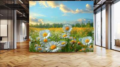 Blooming daisies in a sunny meadow with vibrant wildflowers and a clear blue sky on a beautiful summer day
 Wall mural