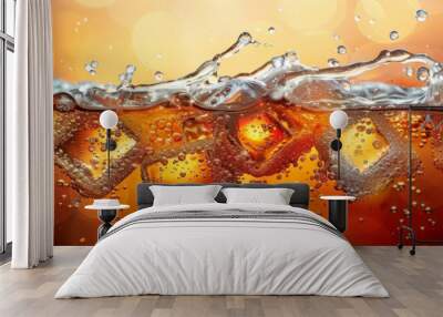 close up of a glass of champagne, fresh soda drink or cola with ice cubes, fresh tea with ice cube Wall mural