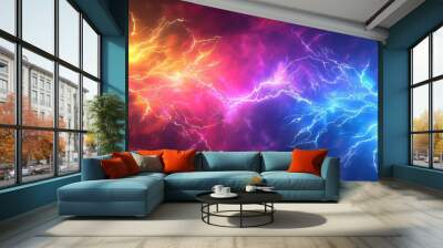 Colorful lightning background,  red yellow blue purple lightning effects, colorful thunderstorm, Rainbow lightning effect. electric texture, banner Wall mural