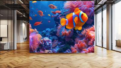 colorful tropical fish in a coral reef on  blue sea  background, Wall mural