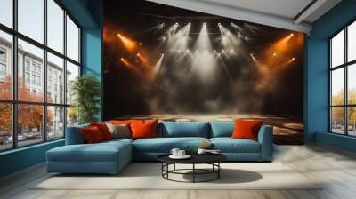 Empty concert stage with illuminated spotlights and smoke. Stage background , white spotlight and smoke Wall mural